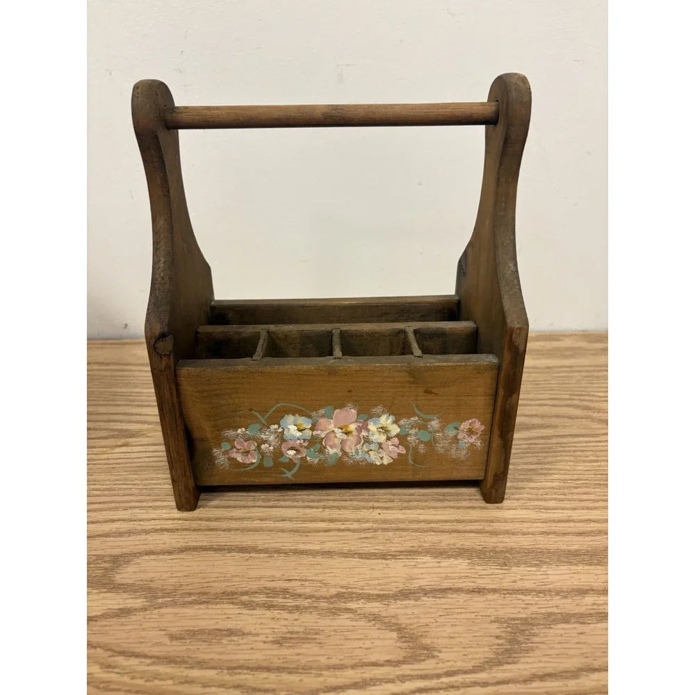 Vintage Small Wooden Carpenter  Makeup Caddy Carrier Rustic Box Floral